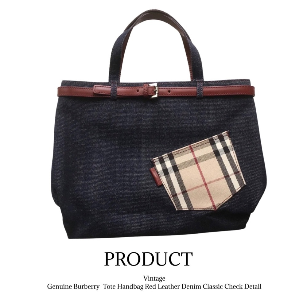 Burberry Tote Handbag Red Leather Denim Classic Check Detaill
